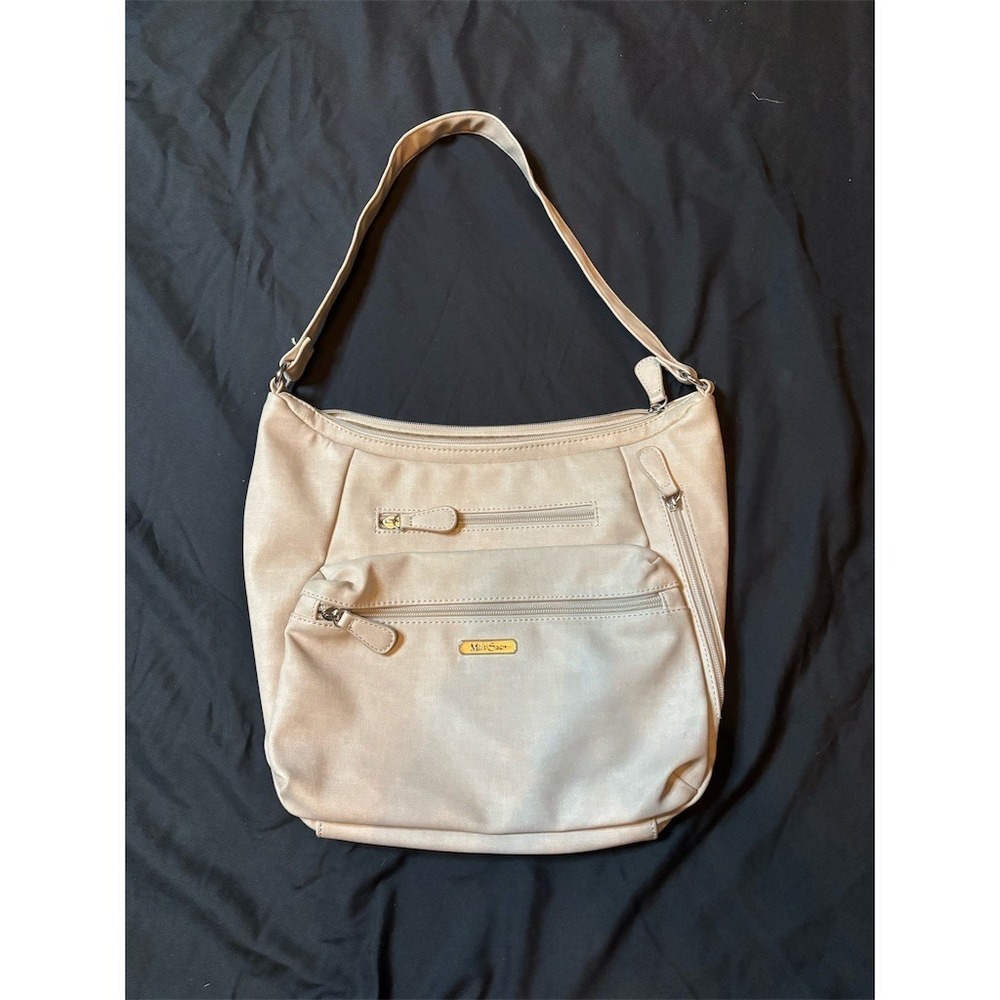 MultiSac Shoulder Bag Purse Women M Beige Taupe Multi Zip Pocket silver hardware
